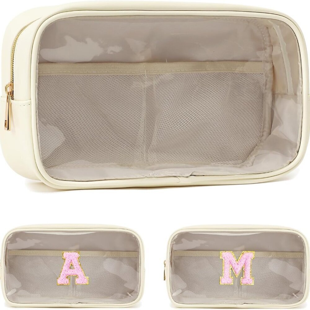 Clear Makeup Bag with 2 Customizable Chenille Letters - Waterproof PU Leather Co